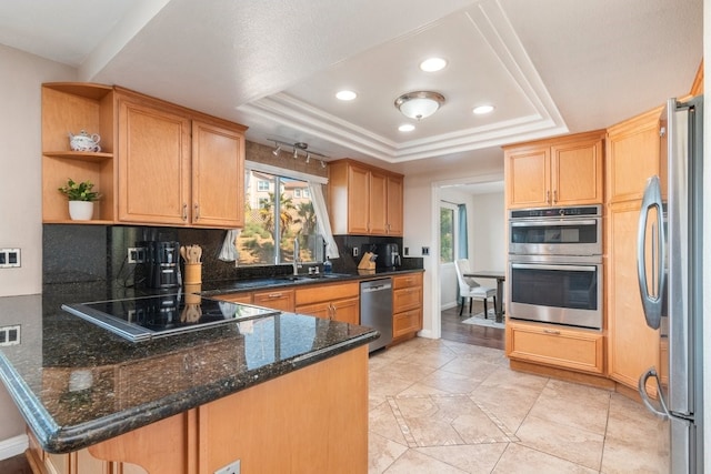 kitchen featuring appliances with stainless steel finishes, a raised ceiling, kitchen peninsula, and decorative backsplash