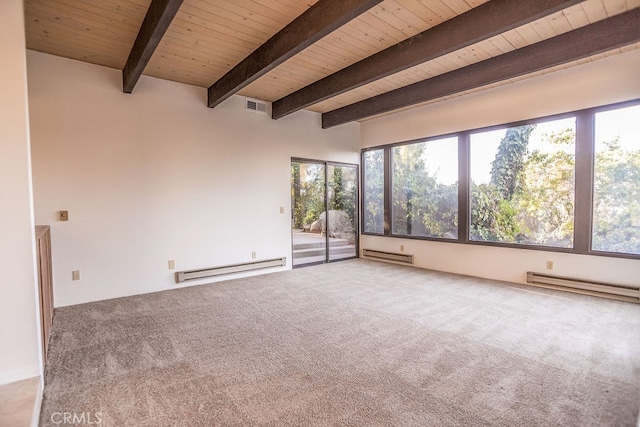 carpeted empty room featuring a baseboard radiator and wood ceiling