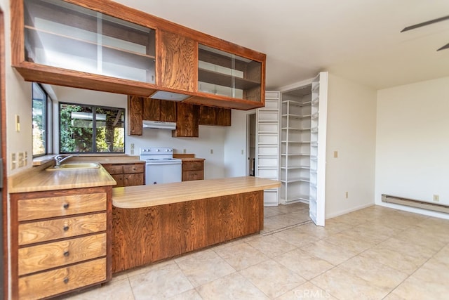 kitchen with white range with electric cooktop, ceiling fan, sink, and a baseboard radiator