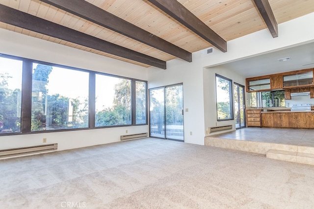 unfurnished living room featuring light carpet, beamed ceiling, a baseboard radiator, and wooden ceiling