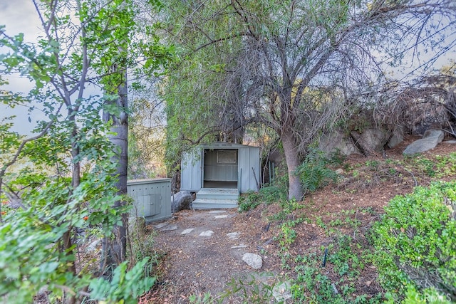 view of yard with a storage shed