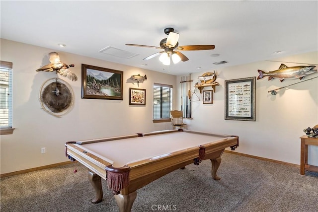 recreation room featuring ceiling fan, carpet floors, and pool table