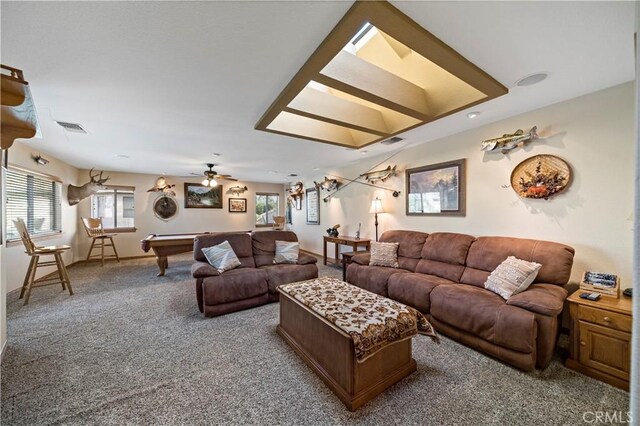 living room featuring billiards and carpet