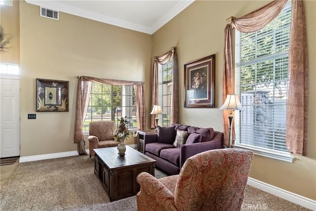 living room with crown molding and light carpet