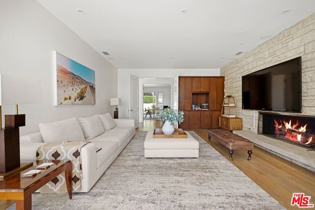 living room featuring a stone fireplace and light wood-type flooring