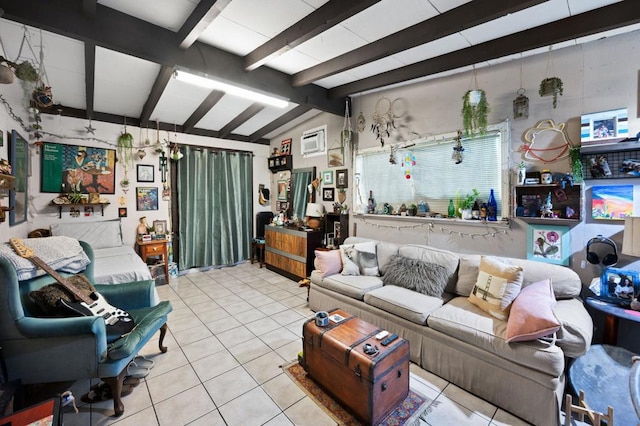 tiled living room with lofted ceiling with beams and an AC wall unit