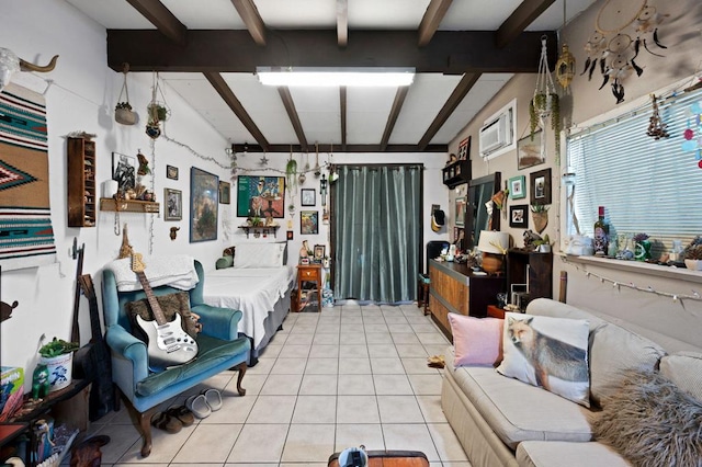 interior space featuring beamed ceiling, light tile patterned flooring, and a wall mounted AC