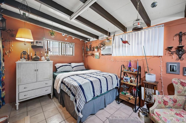 tiled bedroom with beam ceiling