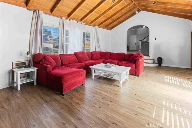 living room with vaulted ceiling with beams, hardwood / wood-style floors, and wooden ceiling