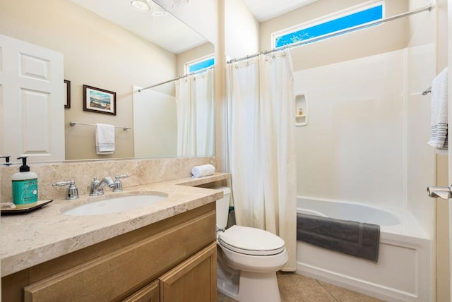 full bathroom with toilet, vanity, tile patterned flooring, and shower / bathtub combination with curtain