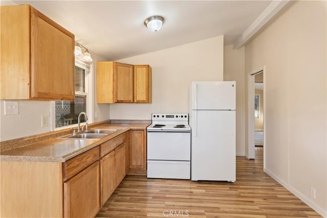 kitchen with light wood-type flooring, white appliances, lofted ceiling, and sink