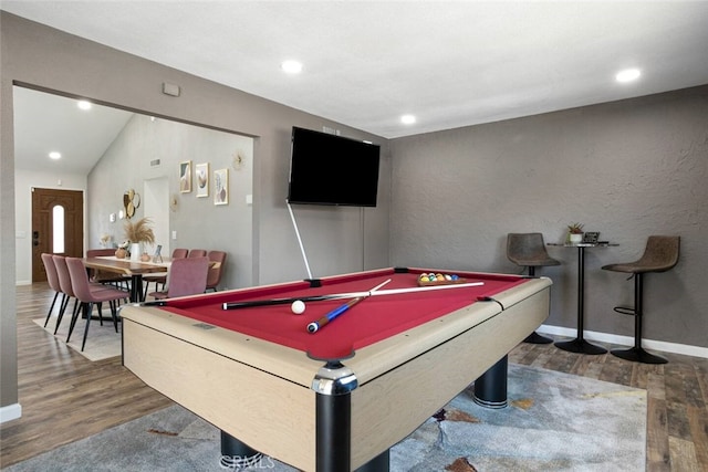 recreation room with pool table and dark hardwood / wood-style floors