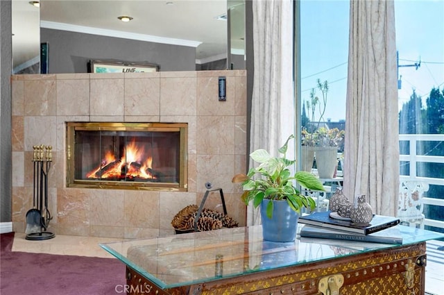 interior details featuring a fireplace and crown molding