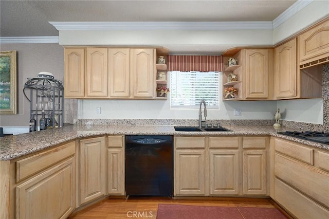 kitchen with light brown cabinets, black dishwasher, crown molding, and sink