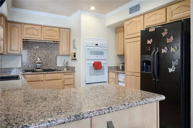 kitchen with light brown cabinetry, backsplash, ornamental molding, and black appliances