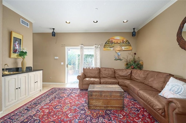 living room featuring crown molding and sink