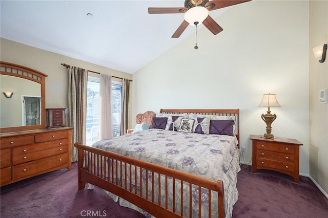 bedroom featuring ceiling fan, dark carpet, and high vaulted ceiling