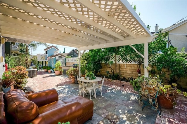 view of patio with central AC unit, a pergola, and outdoor lounge area