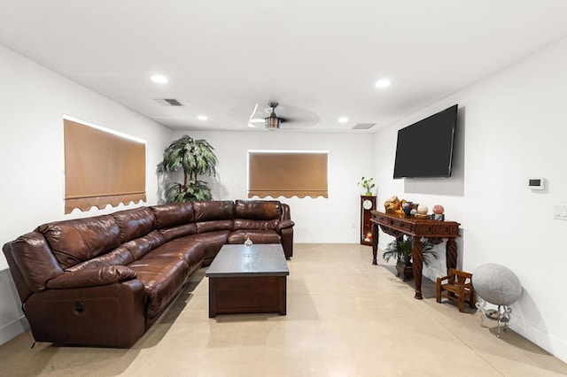 living room featuring ceiling fan