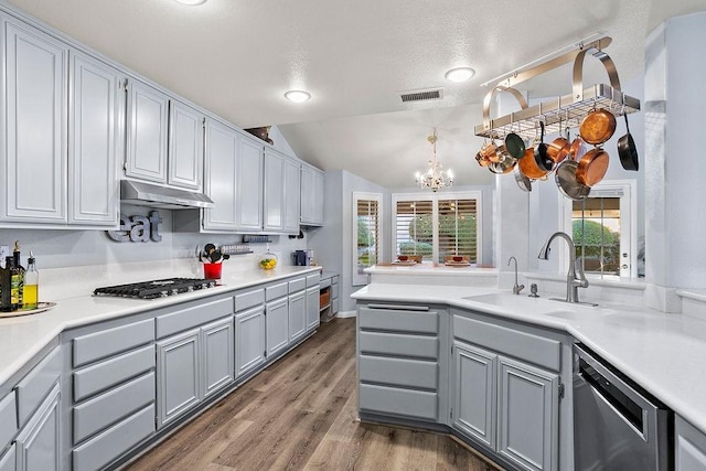 kitchen featuring appliances with stainless steel finishes, gray cabinetry, vaulted ceiling, sink, and an inviting chandelier