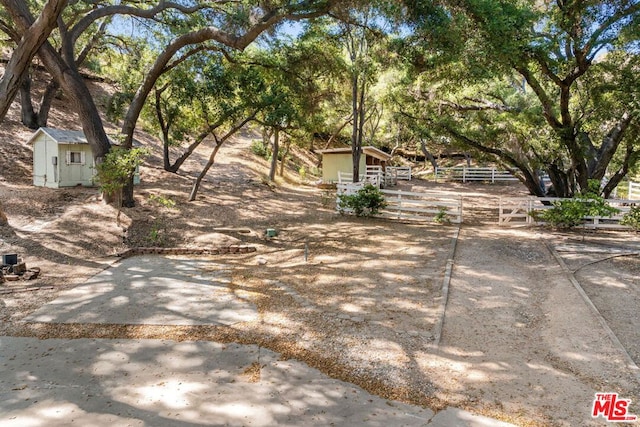 view of yard featuring a shed