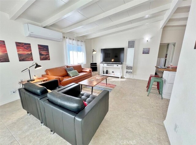 living room featuring an AC wall unit and lofted ceiling with beams