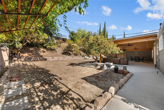 view of yard featuring outdoor lounge area, a patio, and ceiling fan