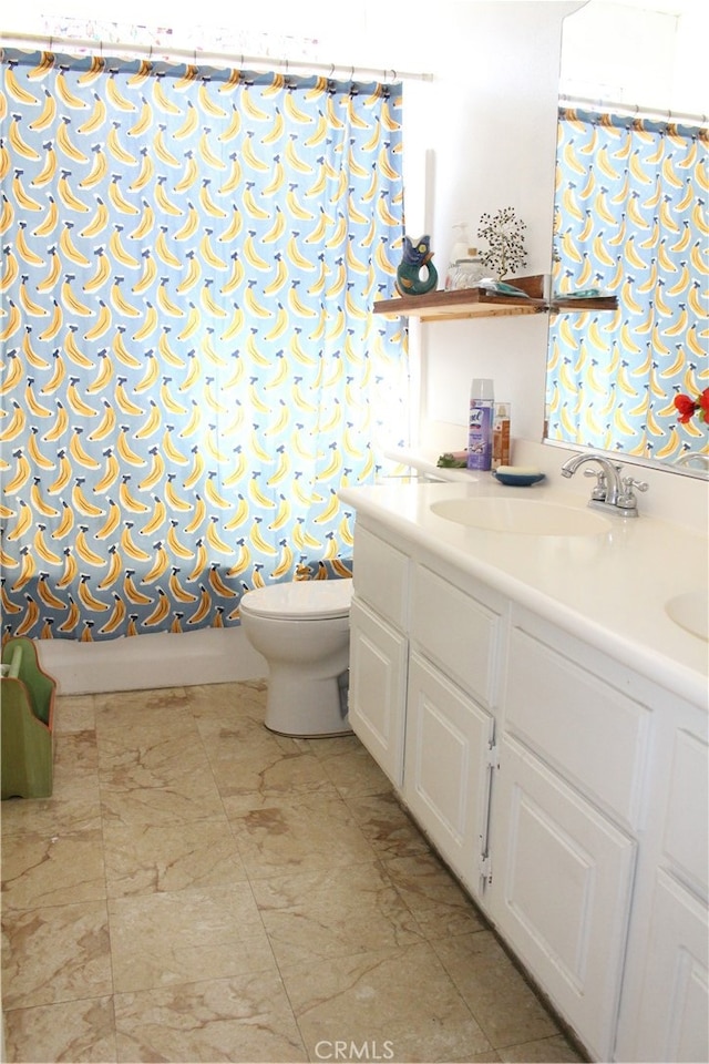 bathroom featuring vanity, toilet, and a shower with curtain