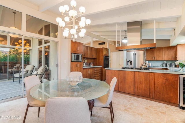 tiled dining room with a notable chandelier, lofted ceiling with beams, and beverage cooler