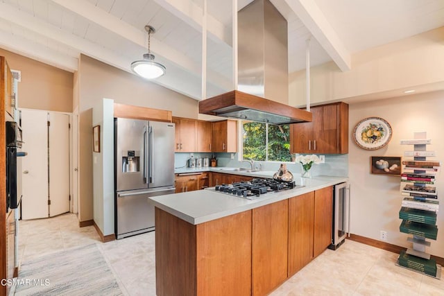 kitchen featuring island range hood, beverage cooler, kitchen peninsula, and appliances with stainless steel finishes