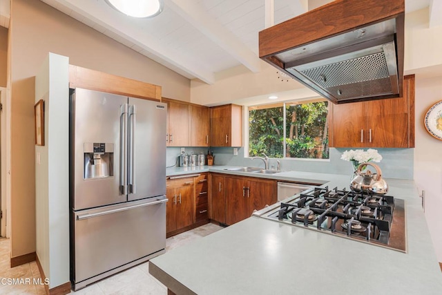 kitchen featuring extractor fan, appliances with stainless steel finishes, vaulted ceiling with beams, and sink