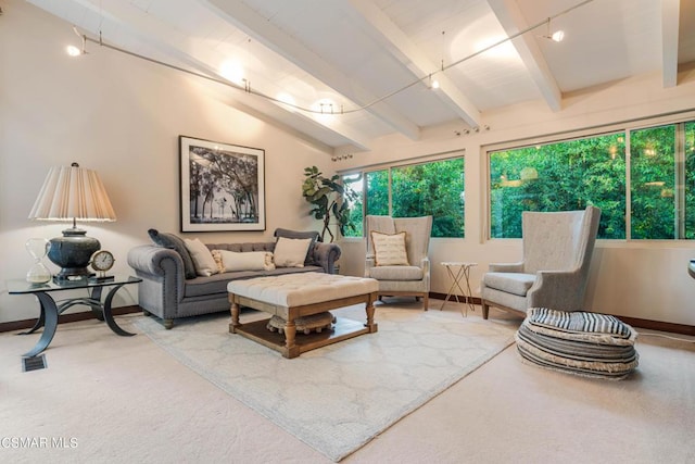 interior space featuring vaulted ceiling with beams