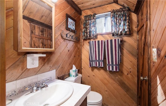 bathroom with vanity, toilet, and wood walls