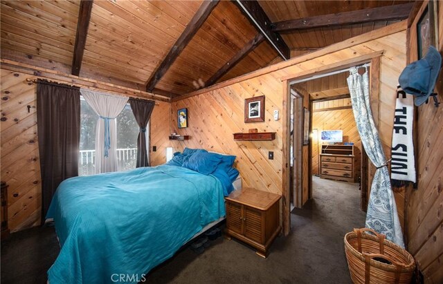 bedroom with wood ceiling, dark carpet, wooden walls, and lofted ceiling with beams