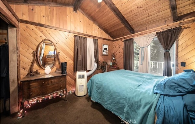 bedroom with wooden ceiling, wooden walls, lofted ceiling with beams, and access to outside