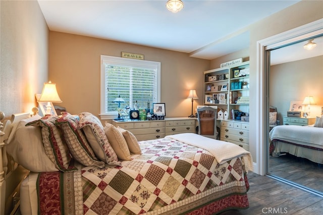 bedroom featuring wood-type flooring and a closet