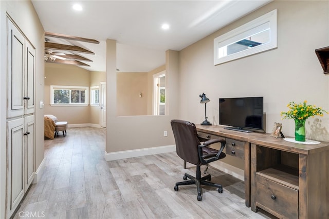 office space featuring ceiling fan, vaulted ceiling with beams, light hardwood / wood-style floors, and a healthy amount of sunlight