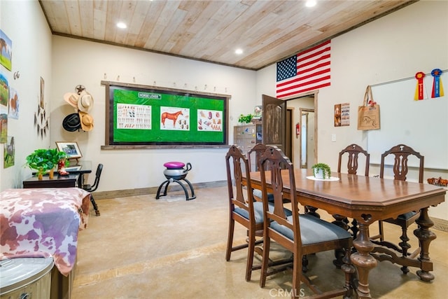 carpeted dining space with wooden ceiling