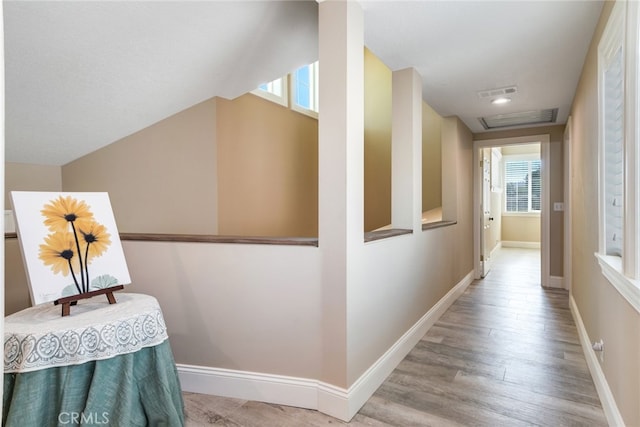 hallway with hardwood / wood-style flooring and a healthy amount of sunlight