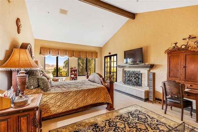 bedroom with carpet and vaulted ceiling with beams