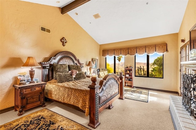 bedroom featuring light colored carpet, beam ceiling, and high vaulted ceiling