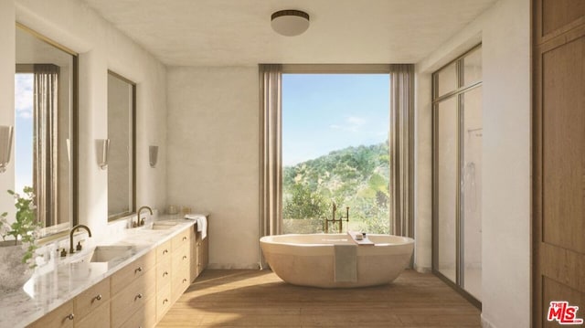 bathroom with vanity, hardwood / wood-style flooring, shower with separate bathtub, and a healthy amount of sunlight