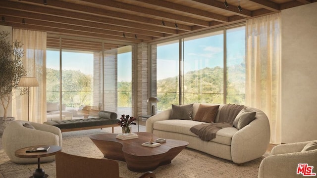 sunroom with beamed ceiling