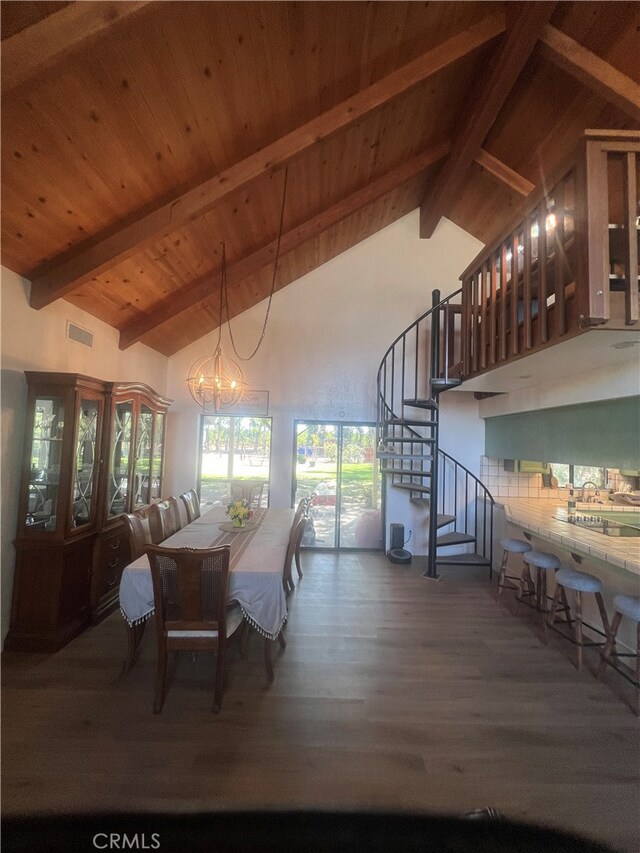 dining room featuring dark wood-type flooring, high vaulted ceiling, beamed ceiling, wooden ceiling, and an inviting chandelier