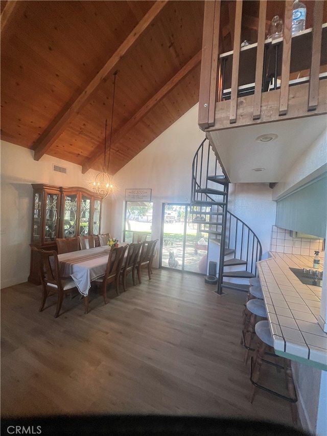 dining space featuring beamed ceiling, wood-type flooring, high vaulted ceiling, wooden ceiling, and a notable chandelier