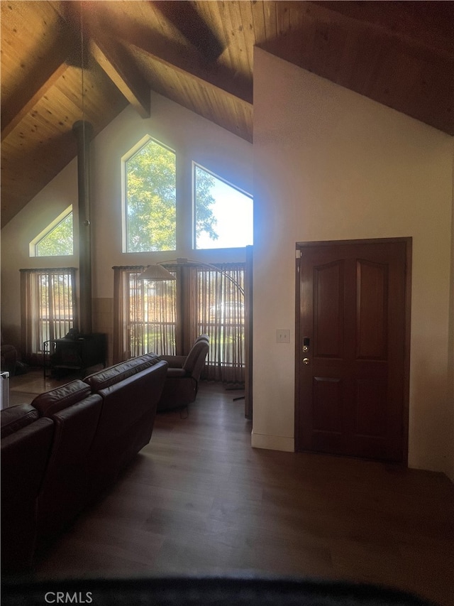 interior space featuring high vaulted ceiling, wood ceiling, beamed ceiling, and hardwood / wood-style flooring