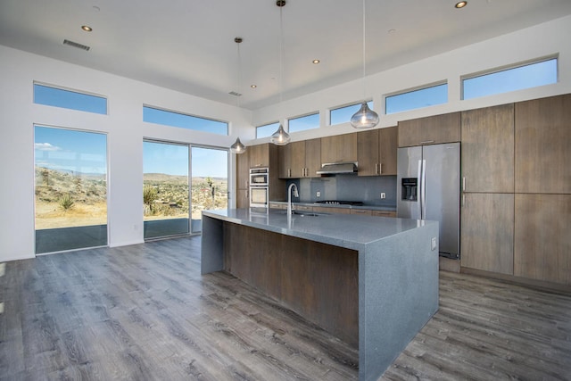 kitchen with appliances with stainless steel finishes, hanging light fixtures, and hardwood / wood-style floors