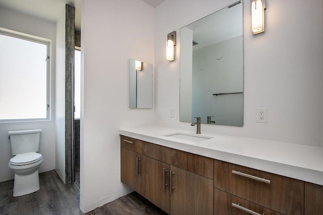 bathroom with wood-type flooring, vanity, and toilet