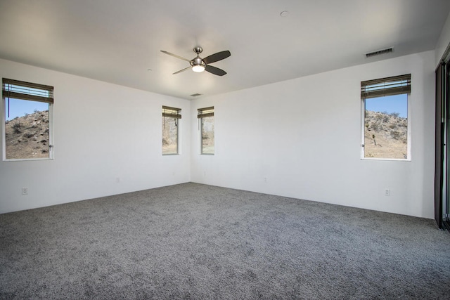 spare room with carpet flooring, ceiling fan, and plenty of natural light