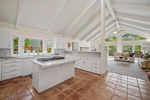 kitchen with white cabinets, white dishwasher, tasteful backsplash, and a wealth of natural light